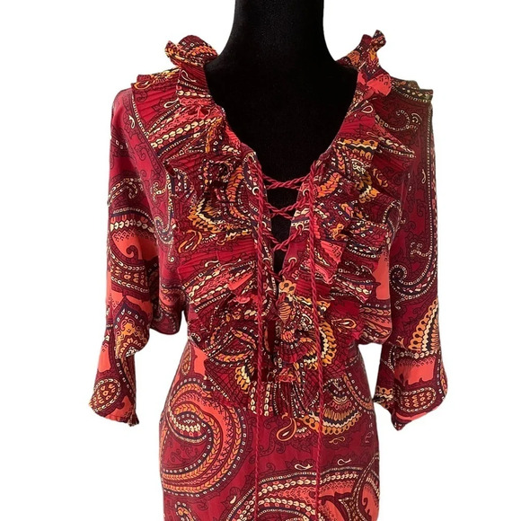 UTERQÜE Silk Bohemian Dress Batwings Paisley Print size Small - Picture 8 of 8